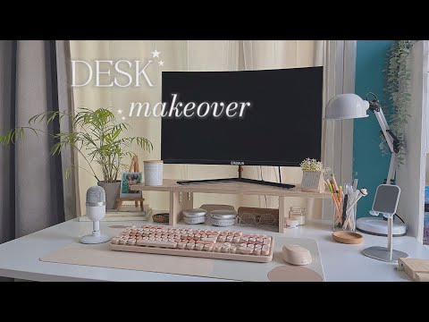 desk makeover 🌱 aesthetic & minimal ✨ asmr + diy wooden monitor stand 🪴 [Video]